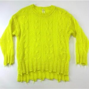 Anthropology neon yellow pullover sweater XL wool blend crew neck distressed